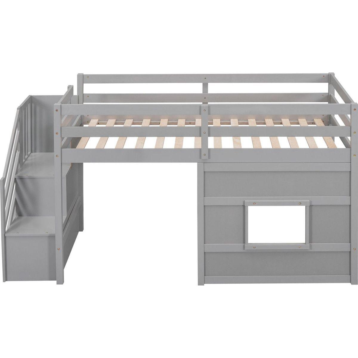 Twin Size Loft Bed with Storage Staircase and Window, Gray
