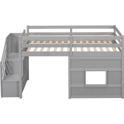 Twin Size Loft Bed with Storage Staircase and Window, Gray