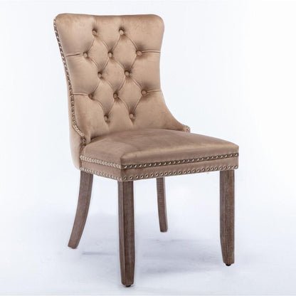 Nikki Collection Modern, High-end Tufted Solid Wood Contemporary Velvet Upholstered Dining Chair with Wood Legs Nailhead Trim 2-Pcs Set, Khaki