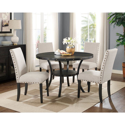 Biony Espresso Wood Dining Set with Tan Fabric Nailhead Chairs