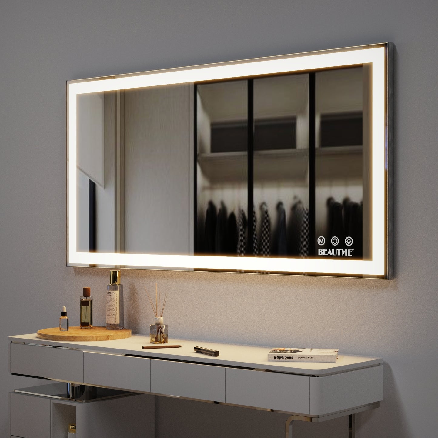 48x24 inch LED Bathroom Vanity Mirror Wall Mounted Adjustable White/Warm/Natural Lights Anti-Fog Touch Switch with Memory Modern Smart Large Bathroom Mirrors