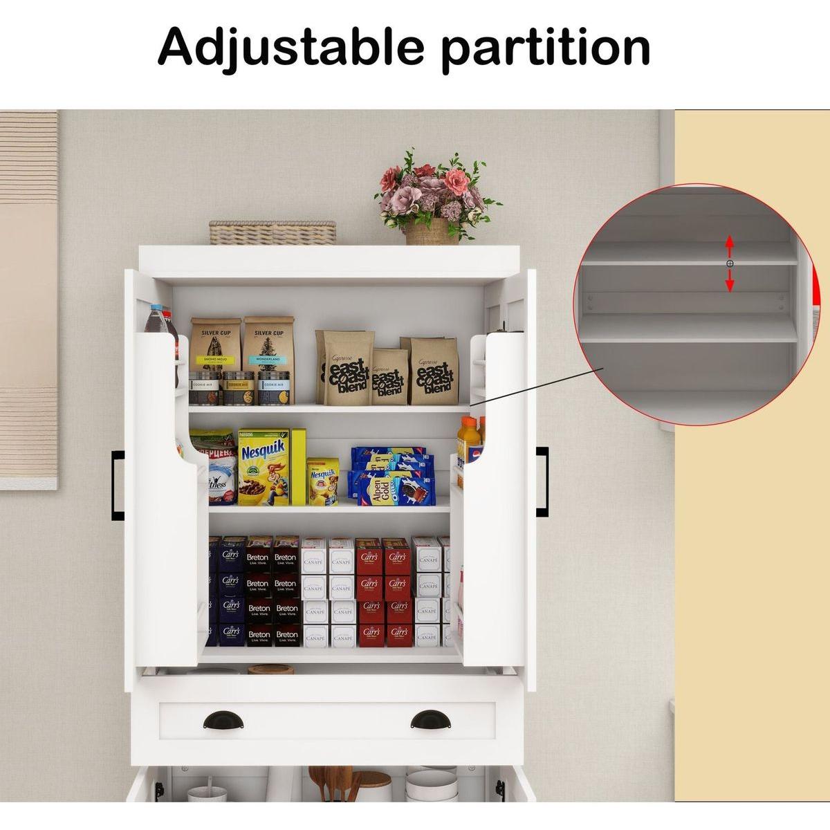 71" Kitchen Pantry Storage Cabinet with 4 Doors(2Doors with Racks),1 Drawer, 2 Adjustable Shelves, Freestanding Cupboard for Kitchen, Dining Room and Living Room-White