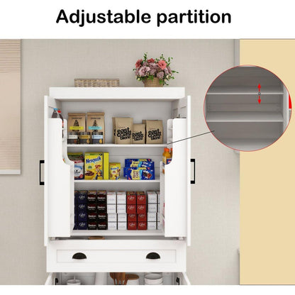 71" Kitchen Pantry Storage Cabinet with 4 Doors(2Doors with Racks),1 Drawer, 2 Adjustable Shelves, Freestanding Cupboard for Kitchen, Dining Room and Living Room-White