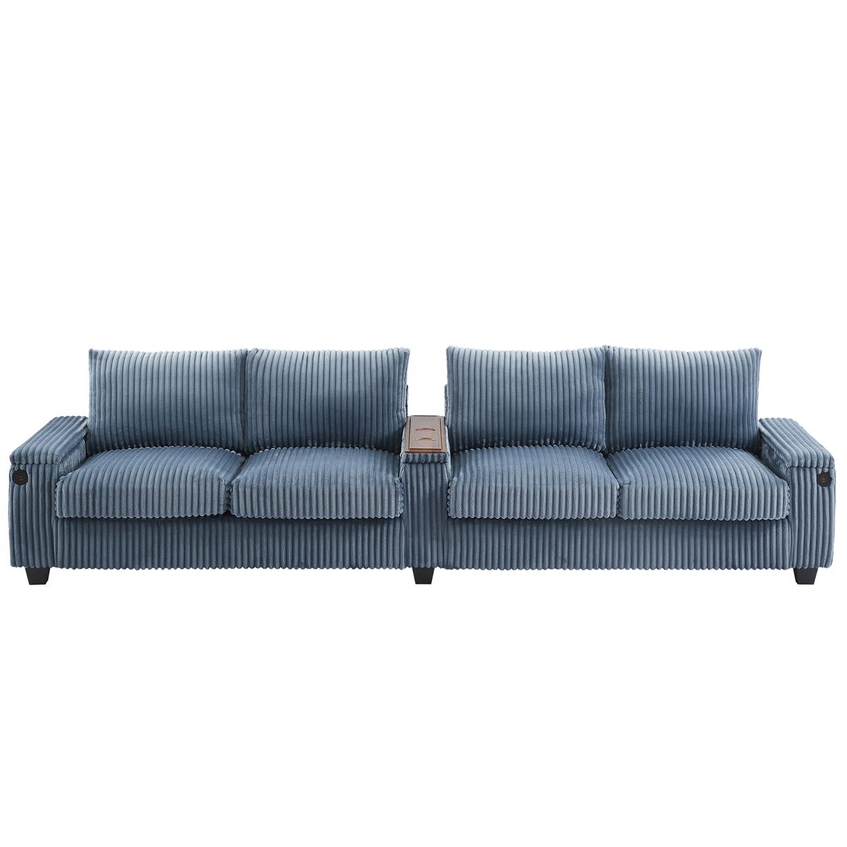 Modern 4-Seater Corduroy Sofa Couch with USB Ports, Hidden Storage, Flip-Top Cup Holders, Blue, 133'