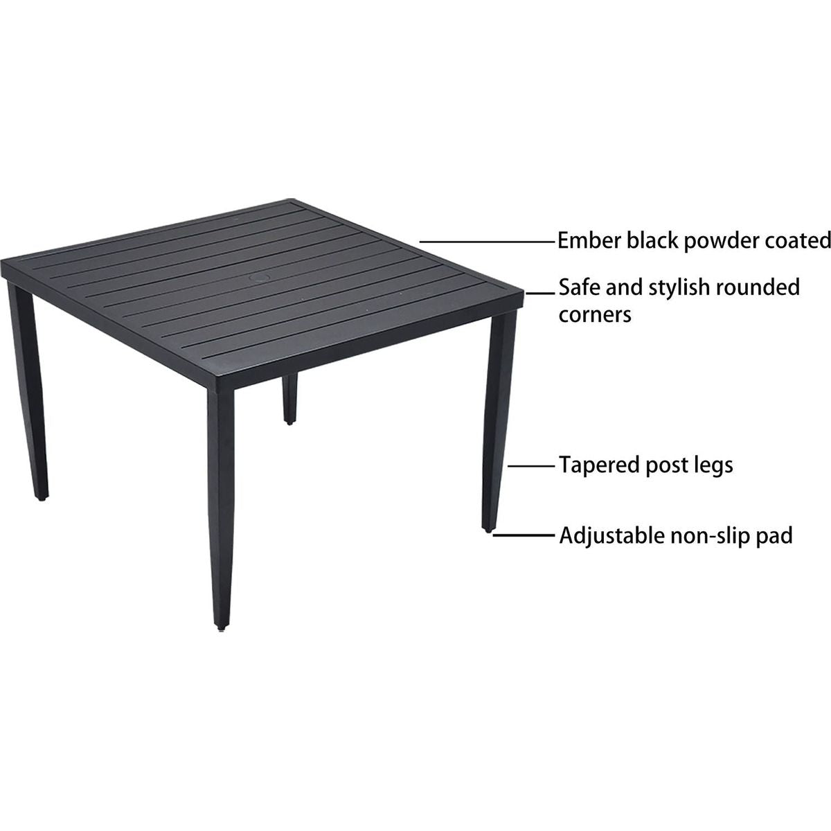 5-Piece Outdoor Patio Aluminum Furniture, Modern Dining Set, including 4 Dining Chairs Sunbrella Fabric Cushioned and 40" Square Dining Table with Umbrella Hole, Ember Black