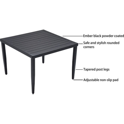 5-Piece Outdoor Patio Aluminum Furniture, Modern Dining Set, including 4 Dining Chairs Sunbrella Fabric Cushioned and 40" Square Dining Table with Umbrella Hole, Ember Black