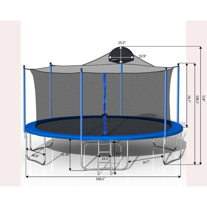 14FT Trampoline for Adults & Kids with Basketball Hoop, Outdoor Trampolines w/Ladder and Safety Enclosure Net for Kids and Adults,Double-side Color cover