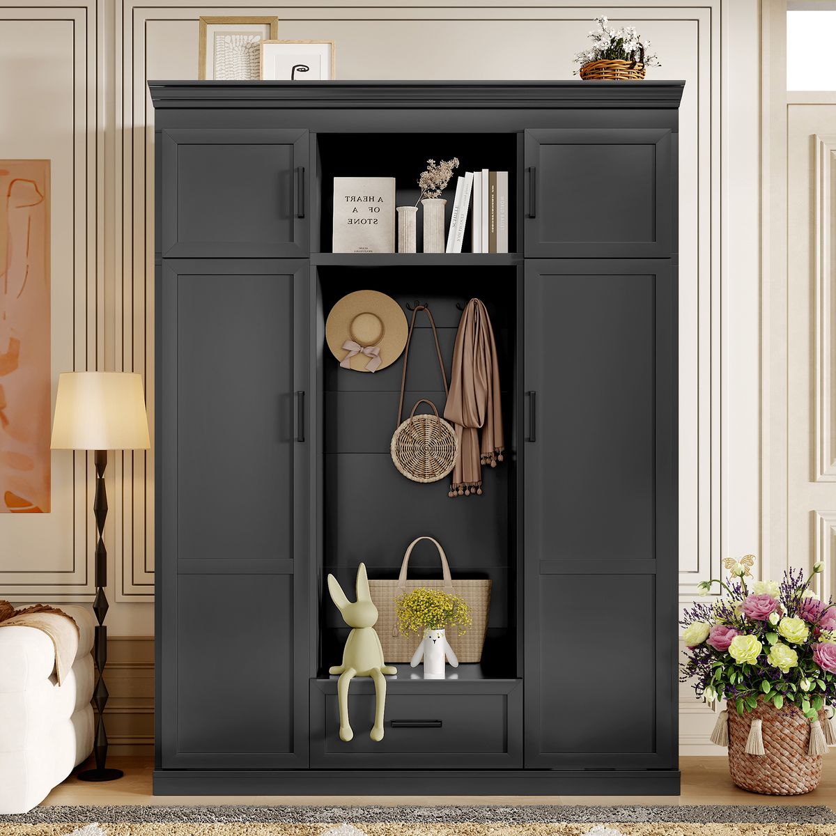 U-Can 85.2''H Hall Tree with Bench and 3 Hooks, Modern Entryway Storage Organizer Cabinet with 4 Doors, 1 Drawer and Adjustable Shelves for Hallway, Entryway, Living Room