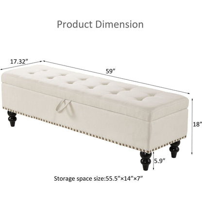 59" Bed Bench Ottoman with Storage Beige Fabric