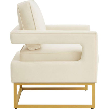 Modern Style Accent Chair with Gold Metal Base, Velvet Upholstered Leisure Chair with Open Armrest, Armchair, Cream