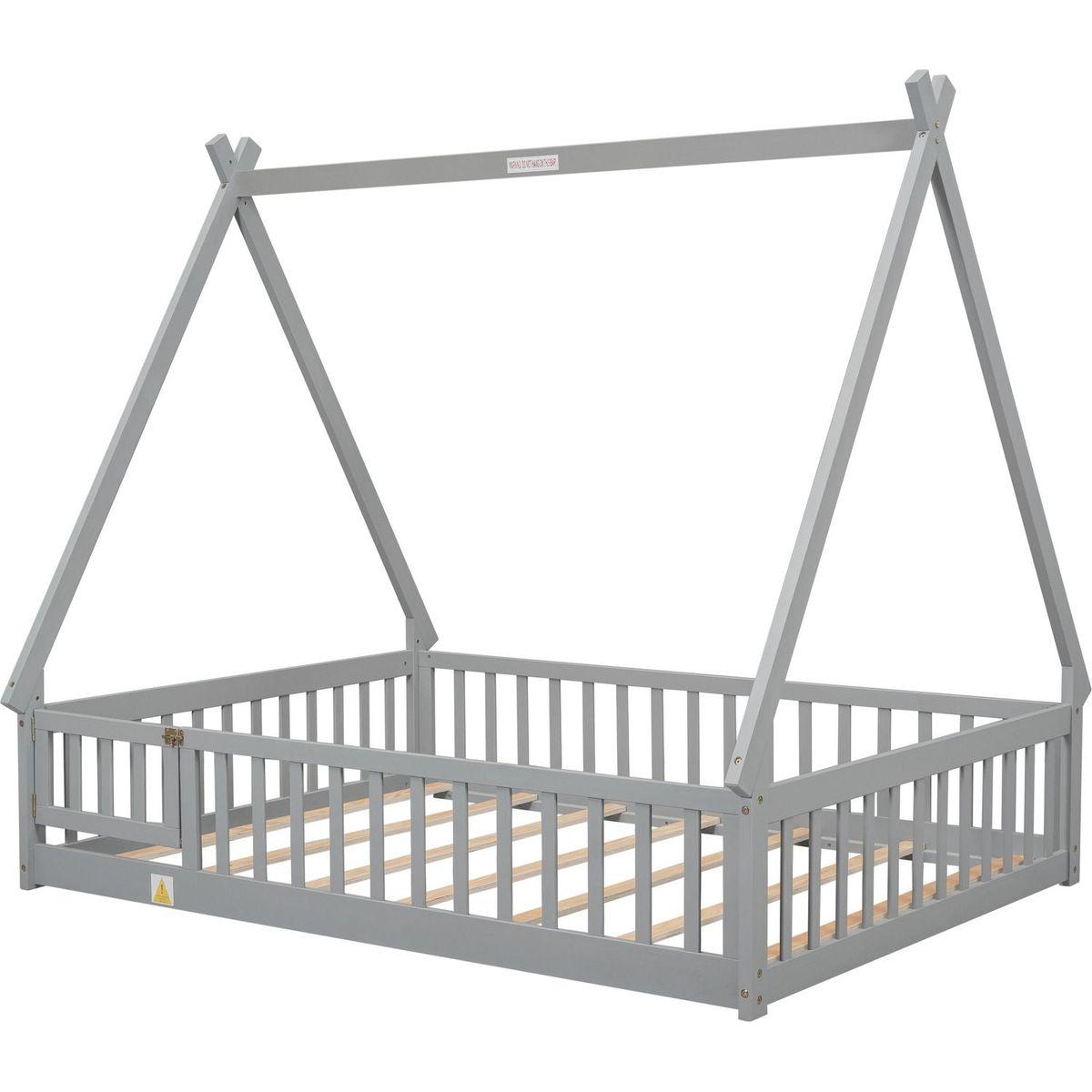 Full Tent-shaped Floor Bed, with Guardrails, Slats, Door, Grey