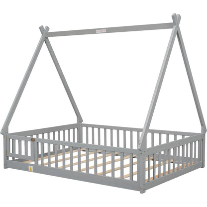 Full Tent-shaped Floor Bed, with Guardrails, Slats, Door, Grey