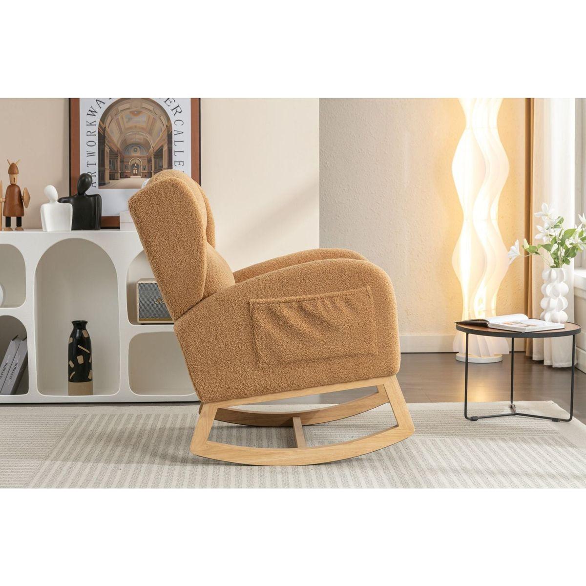 Teddy Fabric Rocking Chair With Packet Wood Legs,Khaki