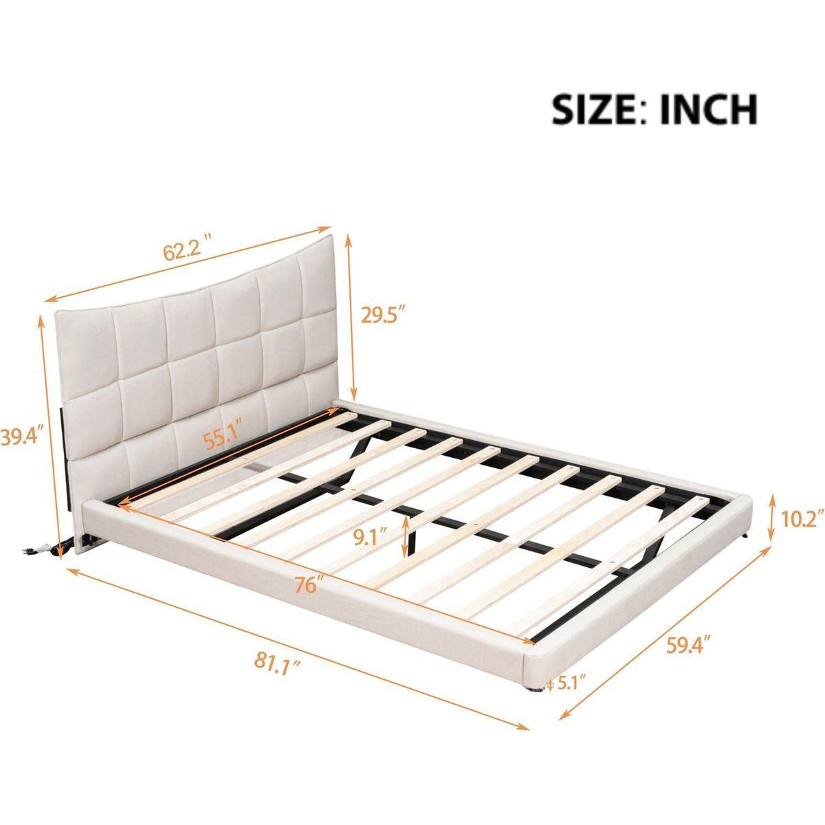 Full Size Upholstered Platform Bed with LED Lights,USB Ports and Outlets,Linen Fabric,Beige
