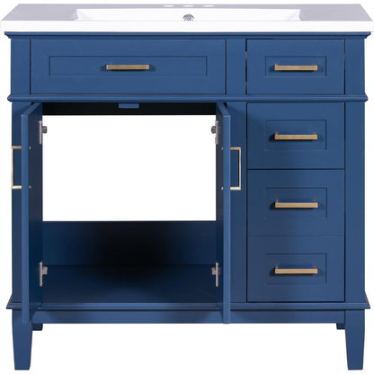 36-inch Bathroom Vanity with Resin Sink, Modern Bathroom Cabinet in Blue, Featuring Two Soft Close Doors and Four Drawers