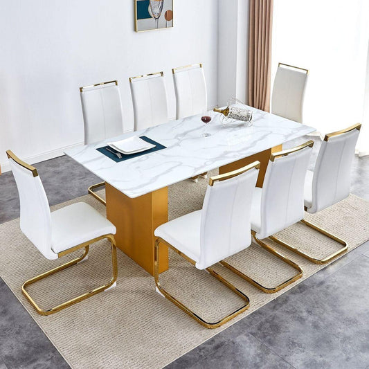 Table and chair set.Large modern rectangular table with 0.4 inch patterned glass tabletop and large MDF table legs.Comes with 8 chairs with faux leather cushioned seats and golden metal legs.