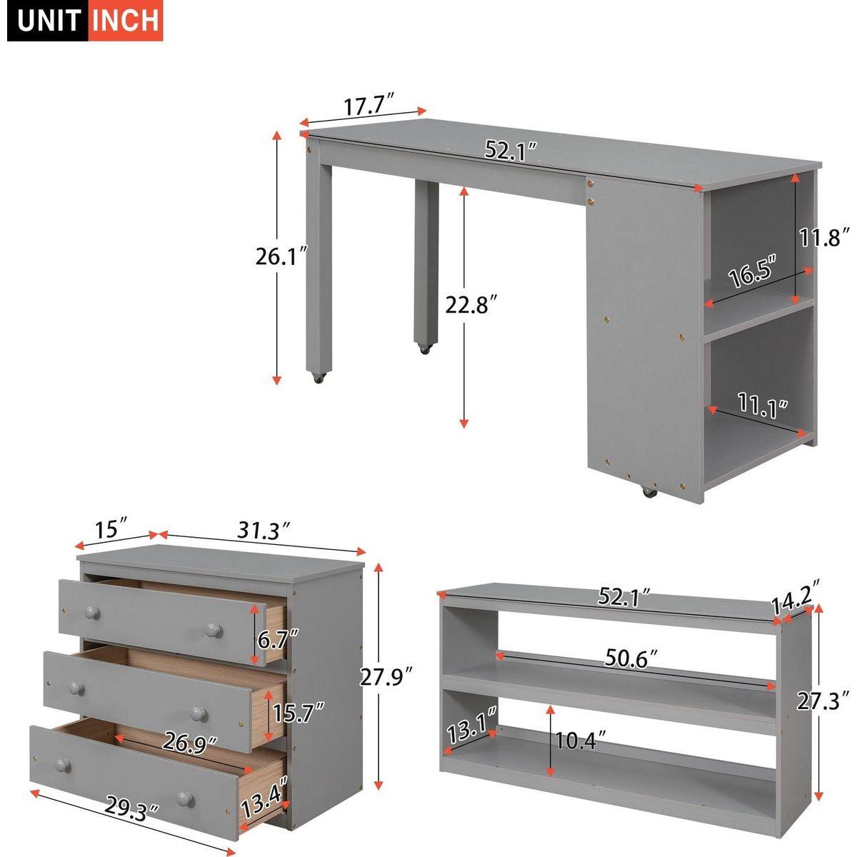 Low Study Full Loft Bed with Cabinet, Shelves and Rolling Portable Desk, Multiple Functions Bed- Gray