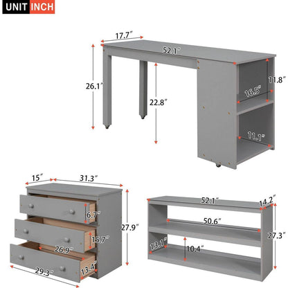 Low Study Full Loft Bed with Cabinet, Shelves and Rolling Portable Desk, Multiple Functions Bed- Gray