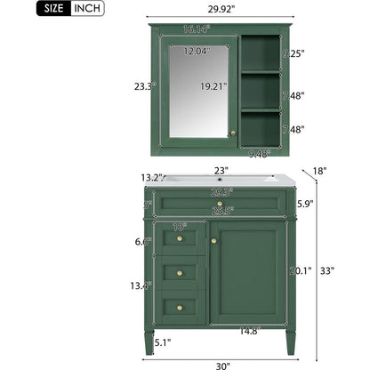 30" Bathroom Vanity with Top Sink, Modern Bathroom Storage Cabinet with 2 Drawers and a Tip-out Drawer, Freestanding Vanity Set with Mirror Cabinet, Single Sink Bathroom Vanity