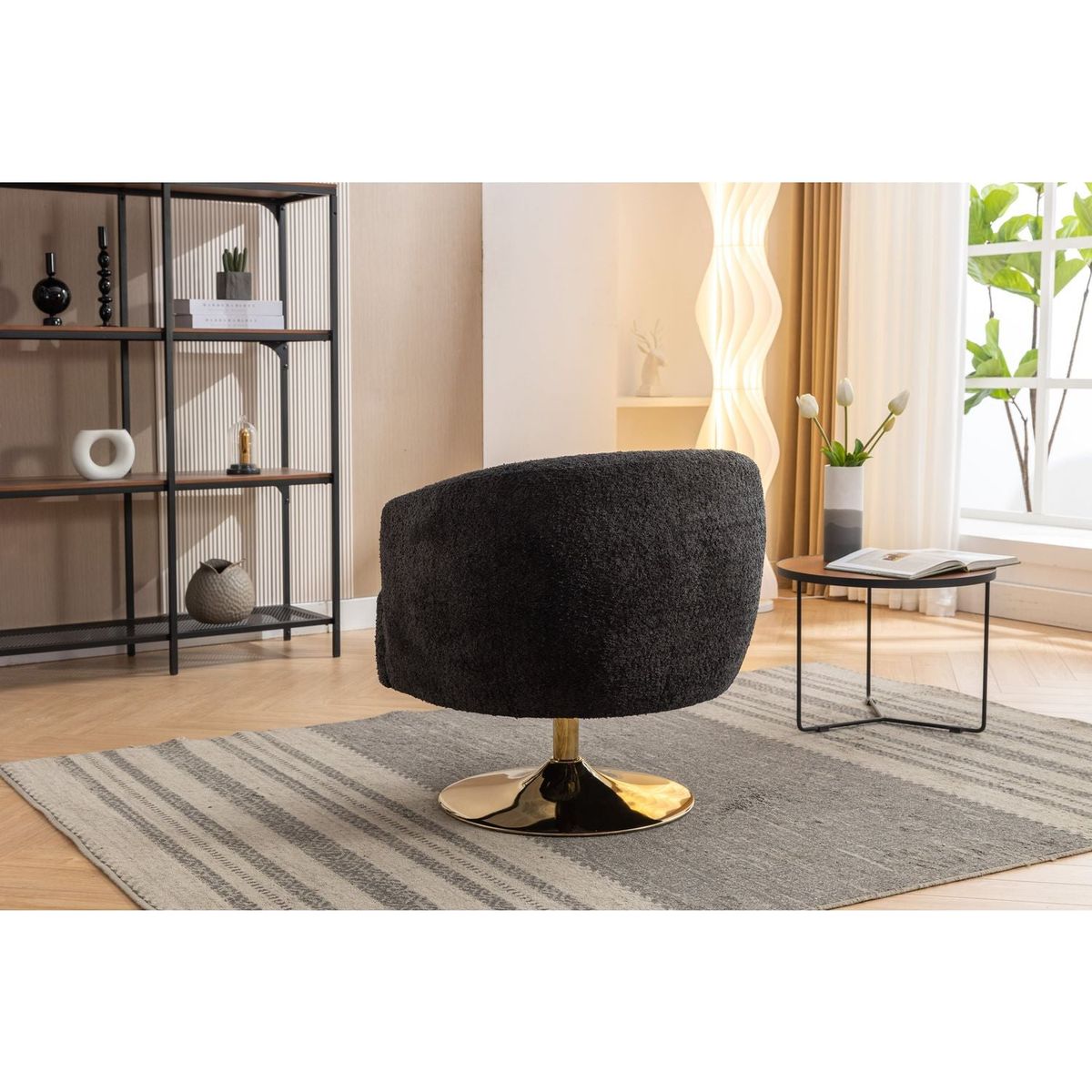 Chenille Fabric Accent Swivel Chair With Gold Metal Round Base,Black