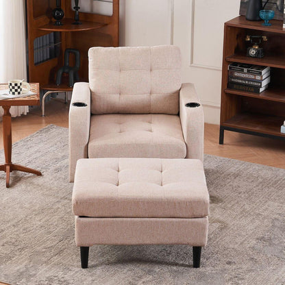 Beige Upholstered Armchair and Storage Ottoman Set - Comfortable Single Sofa with Cup Holders and Tufted Detailing, Ideal for Living Room or Bedroom