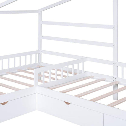 Twin Size House Platform Bed with Three Storage Drawers,White