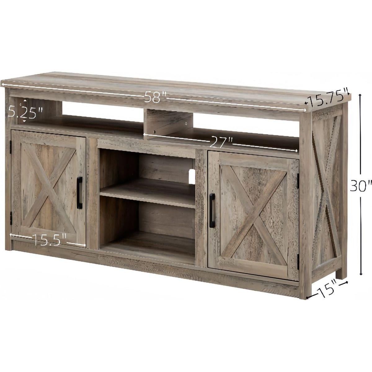 Farmhouse Barn door TV Media Stand Modern Entertainment Console for TV Up to 65" with Open and Closed Storage Space, Gray Wash, L57.87xW15.75xH30.31