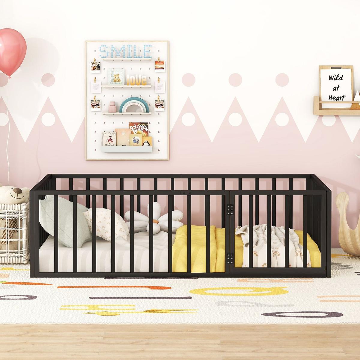 Twin Size Metal Floor Bed Frame with Fence and Door, Black
