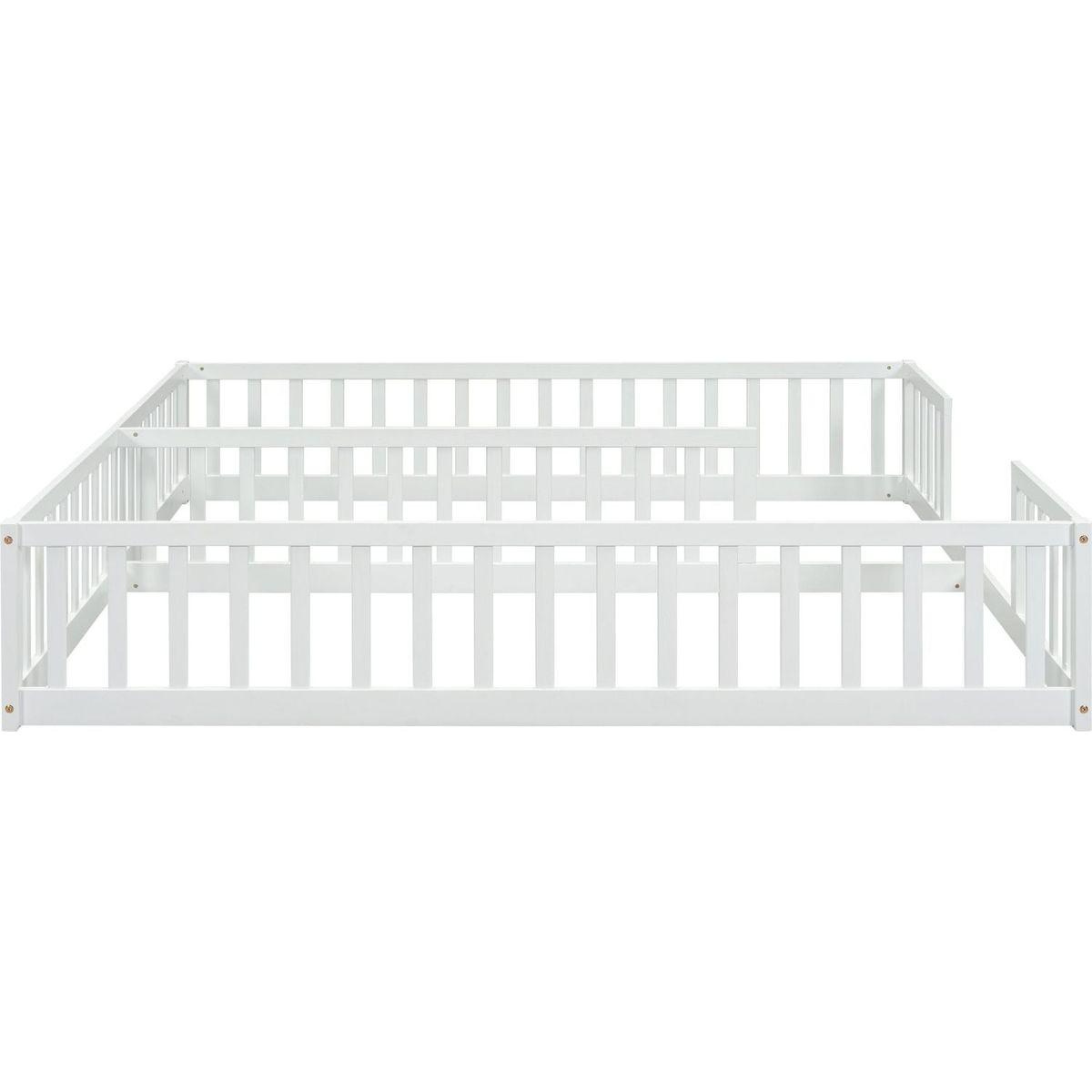 Double Twin Floor Bed with Fence, Guardrails, without door, White