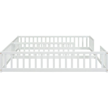 Double Twin Floor Bed with Fence, Guardrails, without door, White