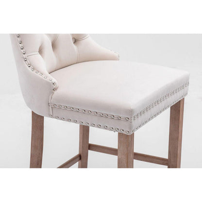 Contemporary Velvet Upholstered Barstools with Button Tufted Decoration and Wooden Legs, and Chrome Nailhead Trim, Leisure Style Bar Chairs,Bar stools, Set of 2 (Beige)