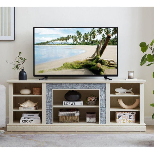 Large TV Desk Storage Rack with Faux Stacked Stone Surround,Media Console Table with Large Storage Cabinet,Modern TV Media Entertaionment Stand,WHITE, 70.12"Wx15.35"Dx25.83"H