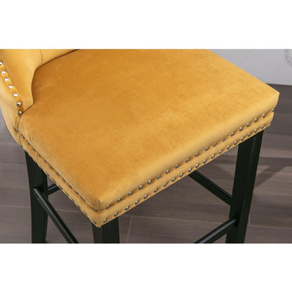 Contemporary Velvet Upholstered Barstools with Button Tufted Decoration and Wooden Legs, and Chrome Nailhead Trim, Leisure Style Bar Chairs,Bar stools, Set of 2 (Golden)