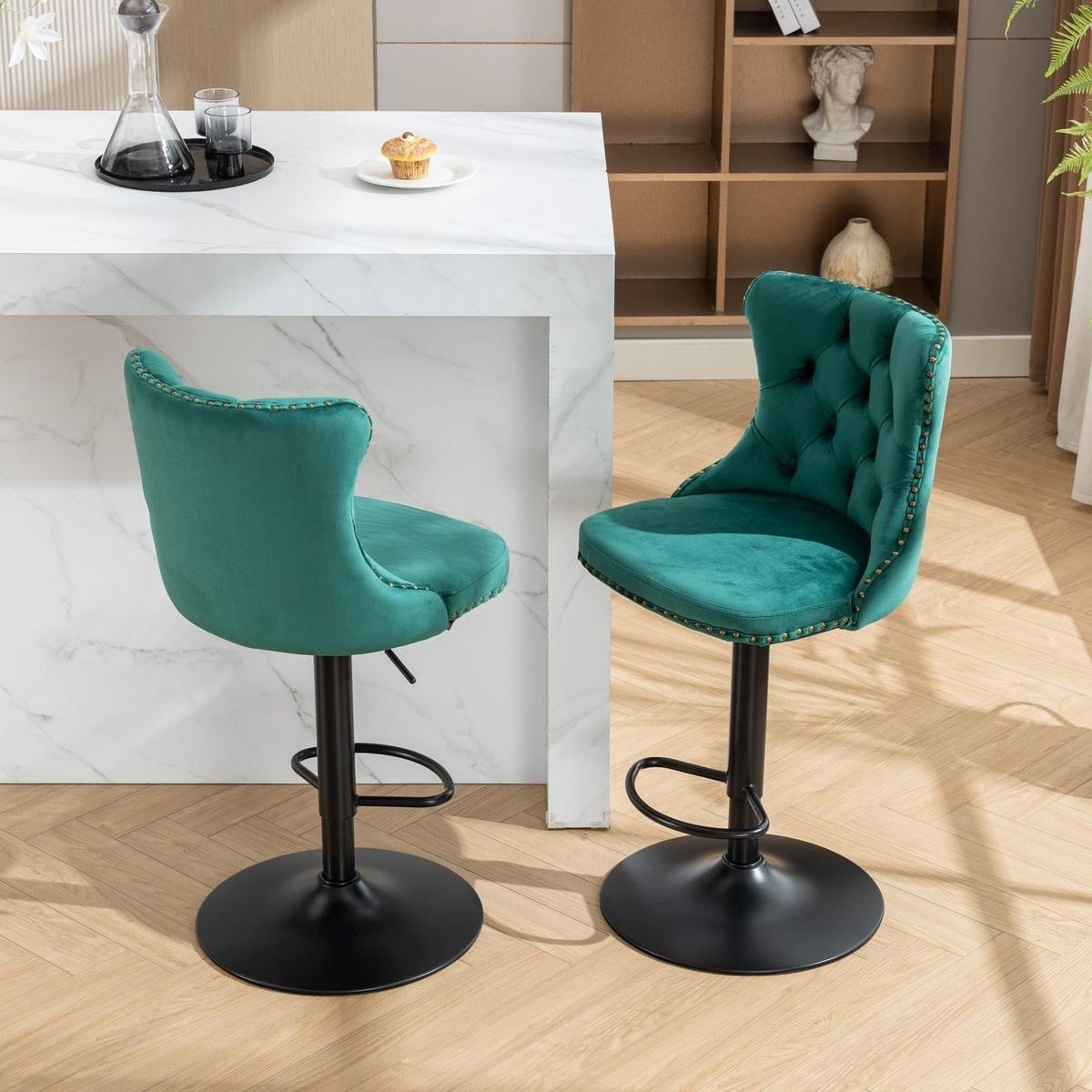 Swivel Velvet Barstools Adjusatble Seat Height from 25-33 Inch,17.7inch base, Modern Upholstered Bar Stools with Backs Comfortable Tufted for Home Pub and Kitchen Island,Green,Set of 2