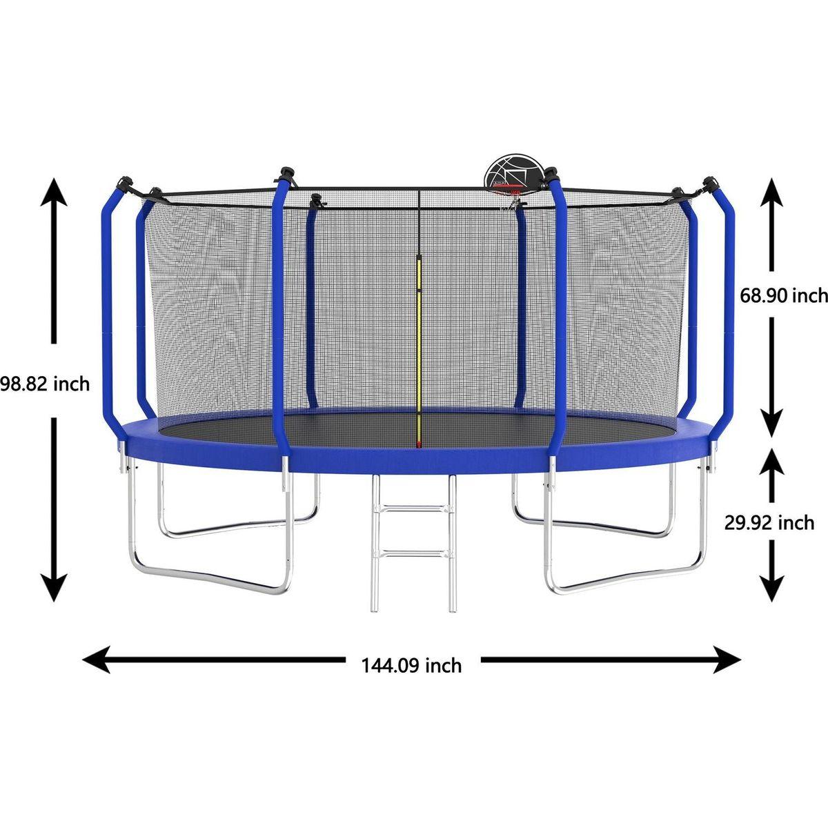 12FT Trampoline with Basketball Hoop, ASTM Approved Reinforced Type Outdoor Trampoline with Enclosure Net