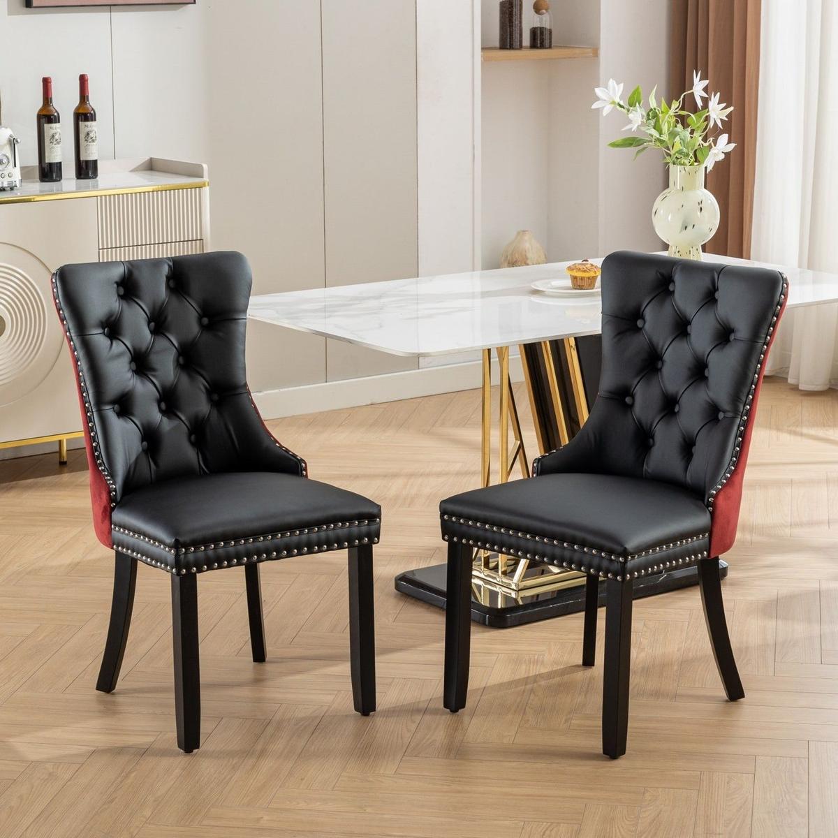 Nikki Collection Modern, High-end Tufted Solid Wood Contemporary PU and Velvet Upholstered Dining Chair with Wood Legs Nailhead Trim 2-Pcs Set, Black+WineRed, Burgundy