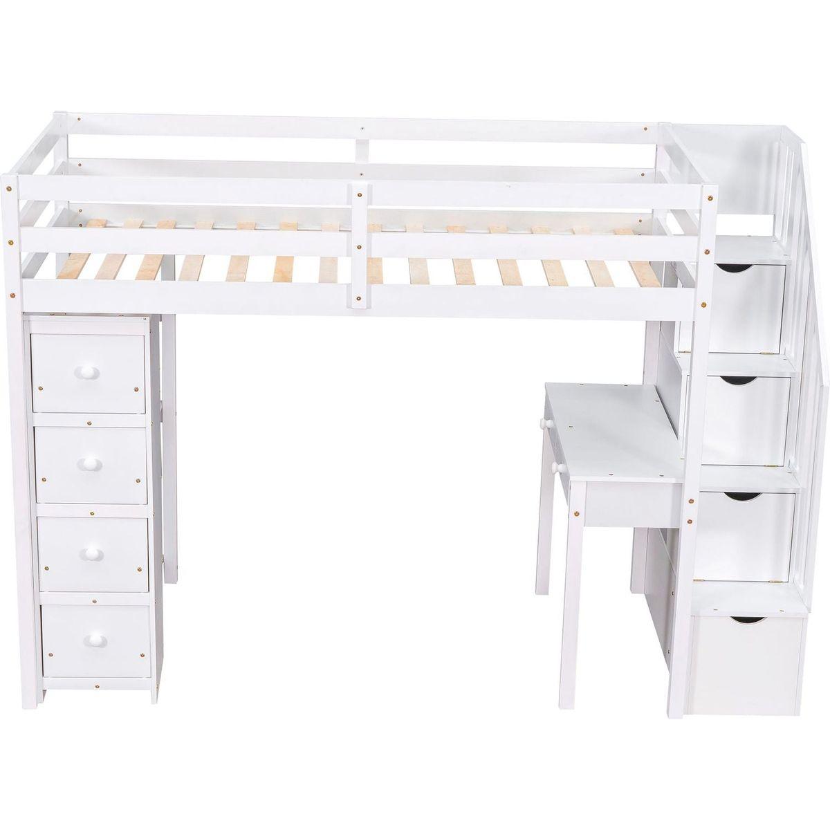 Twin size Loft Bed with Storage Drawers, Desk and Stairs, Wooden Loft Bed with Shelves - White