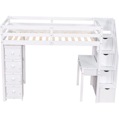 Twin size Loft Bed with Storage Drawers, Desk and Stairs, Wooden Loft Bed with Shelves - White