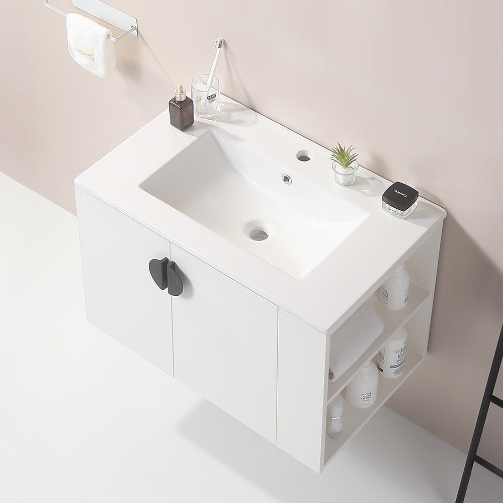 30" Bathroom Vanity with Sink,with two Doors Cabinet Bathroom Vanity Set with Side right Open Storage Shelf,Solid Wood,Excluding faucets,white