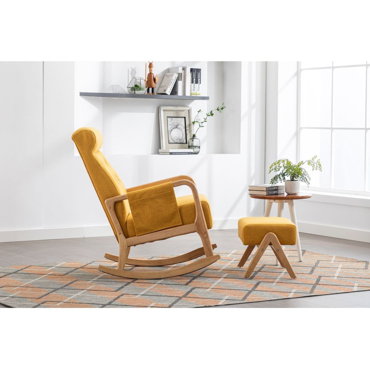 Rocking Chair With Ottoman, Mid-Century Modern Upholstered Fabric Rocking Armchair, Rocking Chair Nursery with Thick Padded Cushion, High Backrest Accent Glider Rocker Chair for Living Room