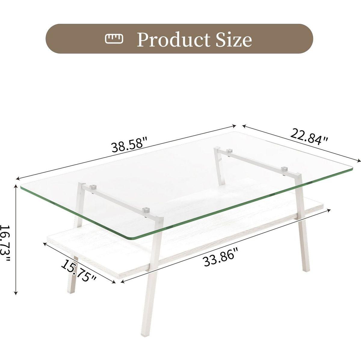 Rectangle Coffee Table, Tempered Glass Tabletop with White Metal Legs, Modern Table for Living Room, Transparent Glass