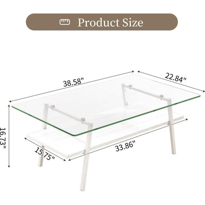 Rectangle Coffee Table, Tempered Glass Tabletop with White Metal Legs, Modern Table for Living Room, Transparent Glass