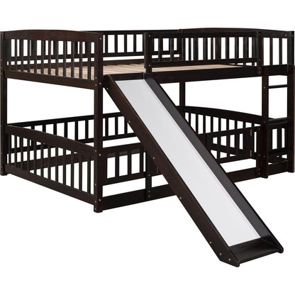 Bunk Bed with Slide,Full Over Full Low Bunk Bed with Fence and Ladder for Toddler Kids Teens Espresso