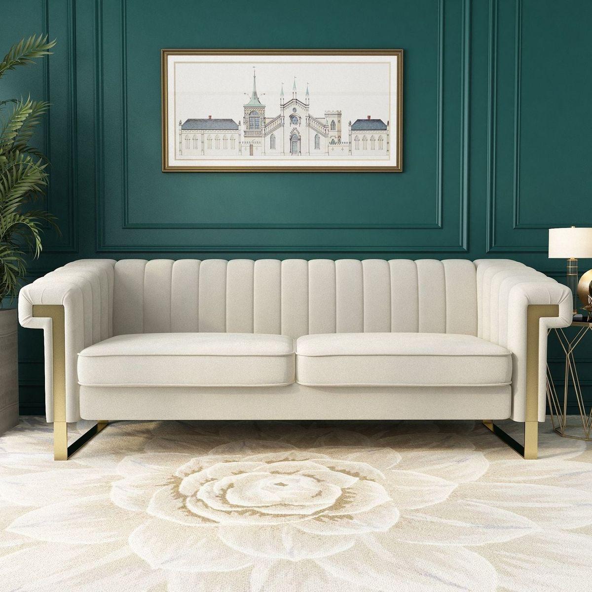 SOFA Modern Cream Velvet Sofa with Gold Accents - Sleek Channel-Tufted Upholstery, 3-Seat Couch for Living Room and Office Decor