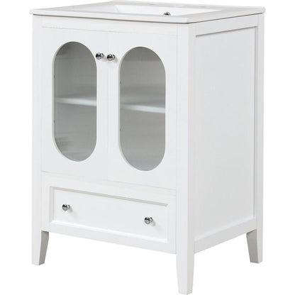 24" Bathroom Vanity with Sink, Bathroom Vanity Cabinet with One Drawer and Doors, Adjustable Shelf, Solid Wood and MDF, White