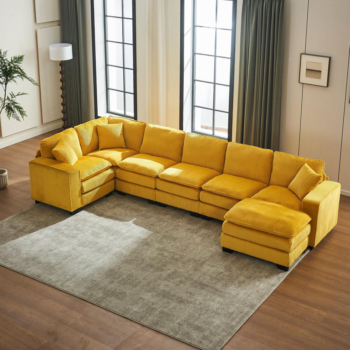 Modern U Shaped 6-seat Sectional Sofa Couch with one Ottoman and three toss pillows, Modular Sofa for Living Room,Corduroy sofa