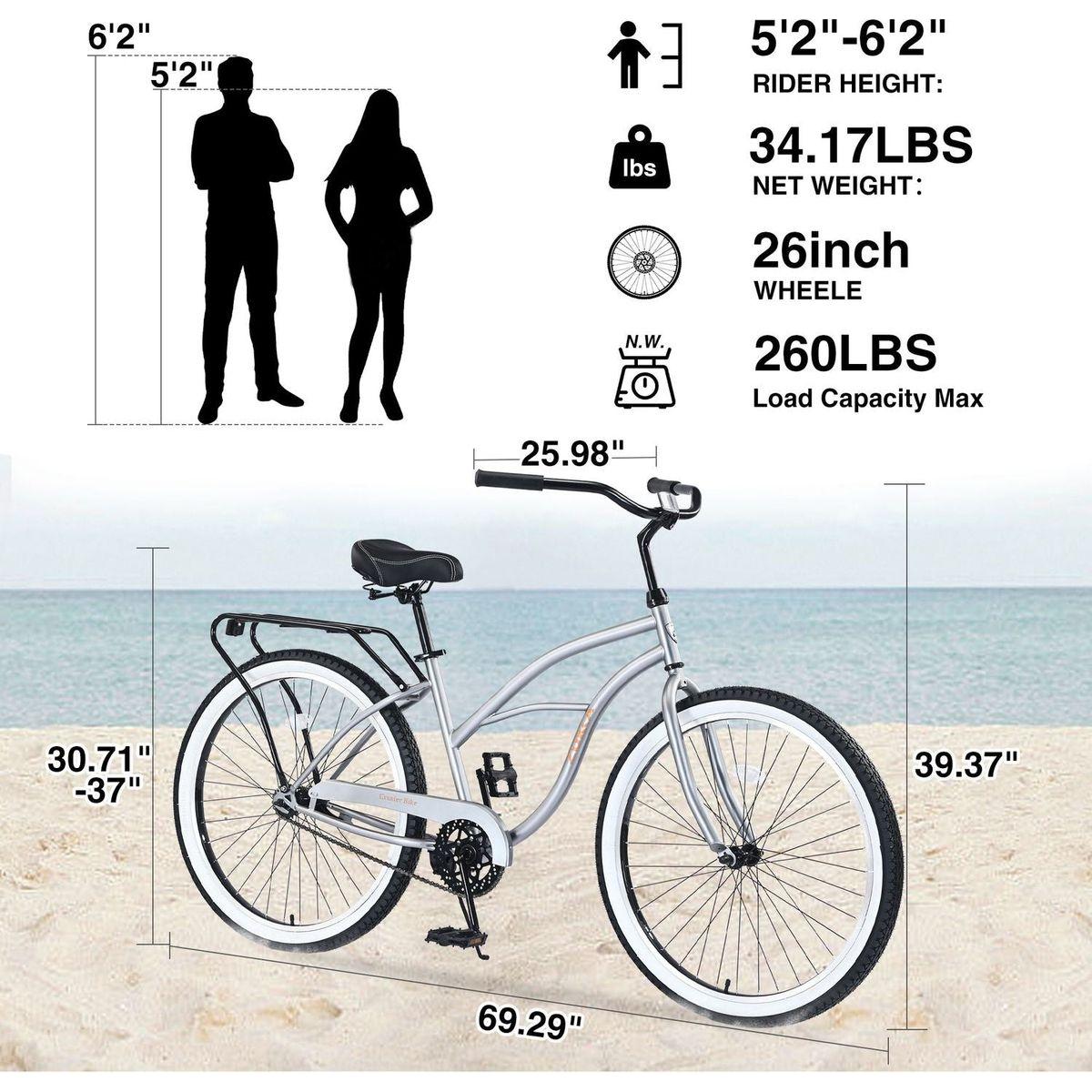 Single Speed Bicycles 26"Inch,Steel Frame, Wide Wheels for Stability, Rear Coaster Brakes,Multiple Colors Men's Beach Cruiser Bike