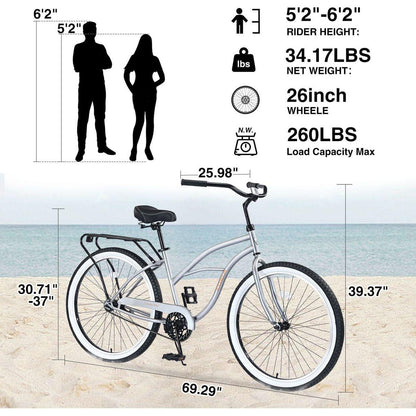 Single Speed Bicycles 26"Inch,Steel Frame, Wide Wheels for Stability, Rear Coaster Brakes,Multiple Colors Men's Beach Cruiser Bike