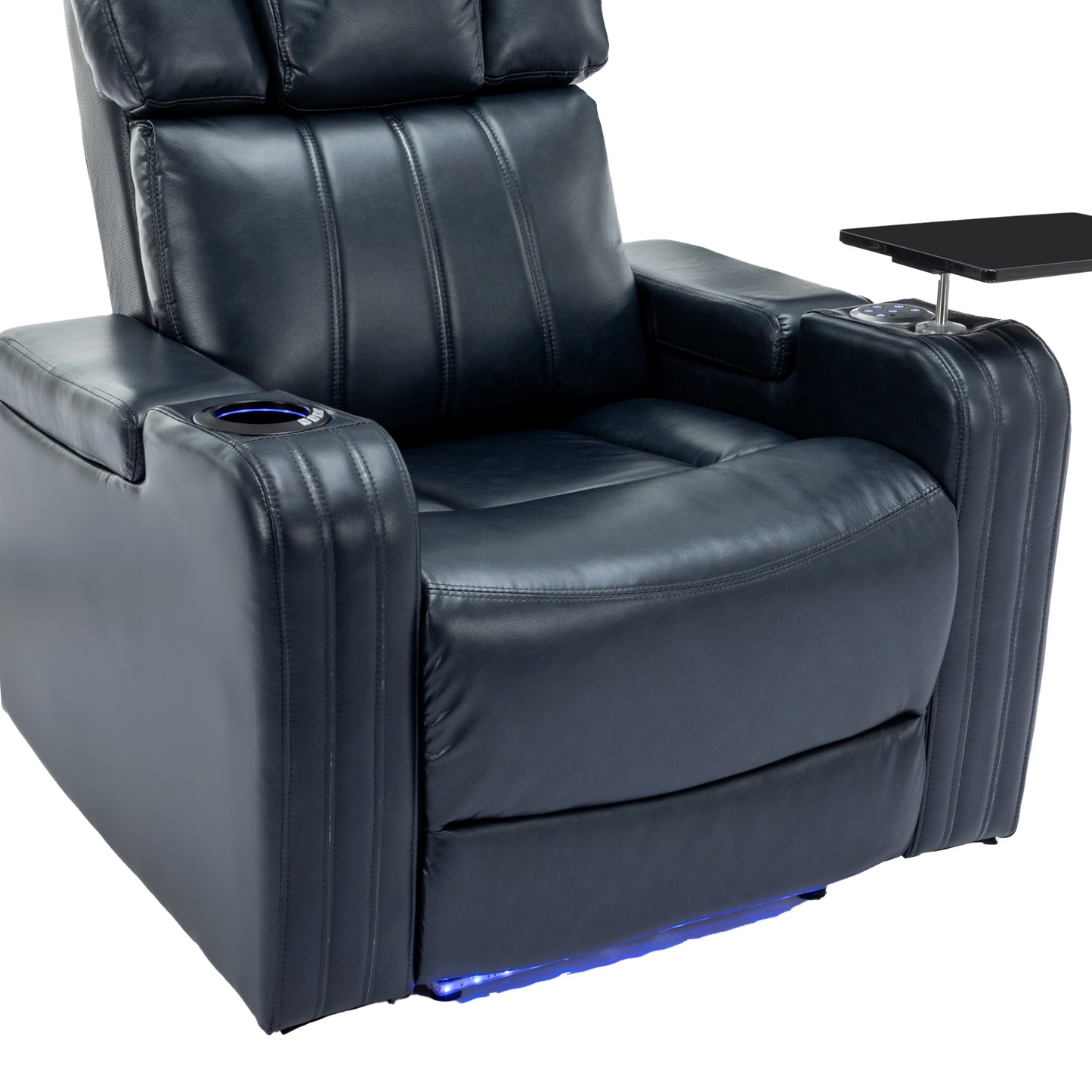 PU Leather Power Recliner Individual Seat Home Theater Recliner with Cooling Cup Holder, Bluetooth Speaker, LED Lights, USB Ports, Tray Table, Arm Storage for Living Room, Blue