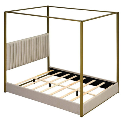 Queen Size Upholstery Canopy Platform Bed with Headboard and Metal Frame, Beige